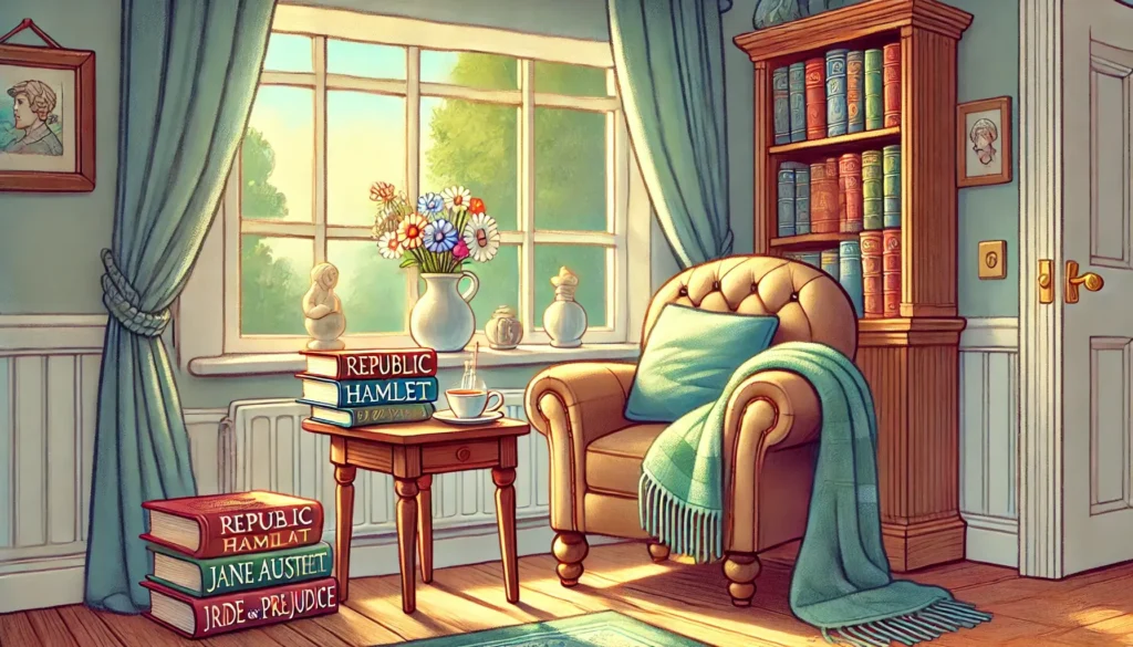 DALL·E 2024 08 31 09.42.59 A cartoon style image depicting a cozy reading nook by a window with a comfortable armchair a small wooden side table with a stack of classic books