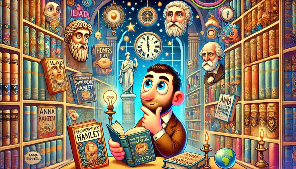 DALL·E 2024 08 31 09.43.00 A cartoon style image illustrating the concept of timeless value in classic literature. The image shows a whimsical library scene with shelves full of