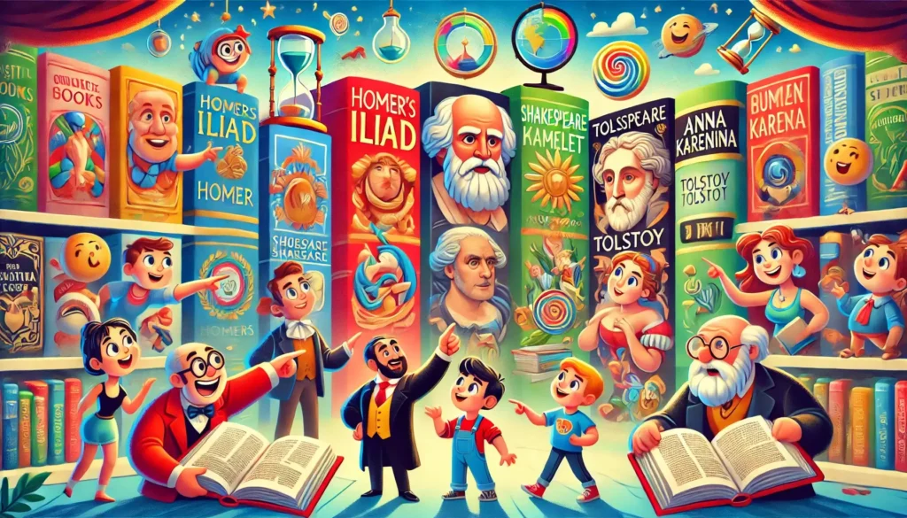 DALL·E 2024 08 31 09.43.02 A cartoon style image depicting a collection of classic books exploring human nature and universal themes. The scene shows a colorful bookshelf with e