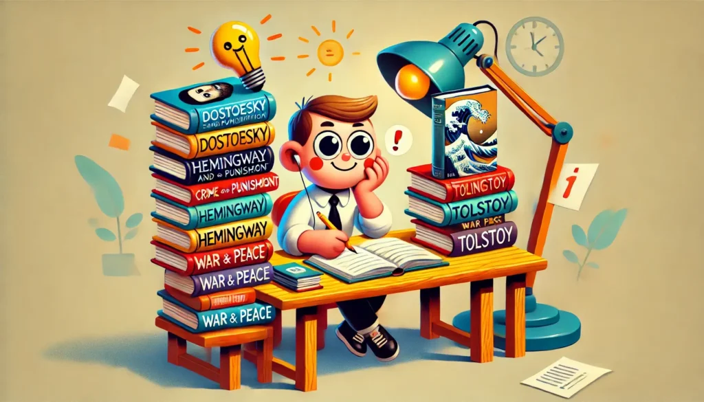 DALL·E 2024 08 31 09.43.04 A cartoon style image illustrating the practical benefits of reading classics. A whimsical desk scene with classic books like Dostoevskys Crime and