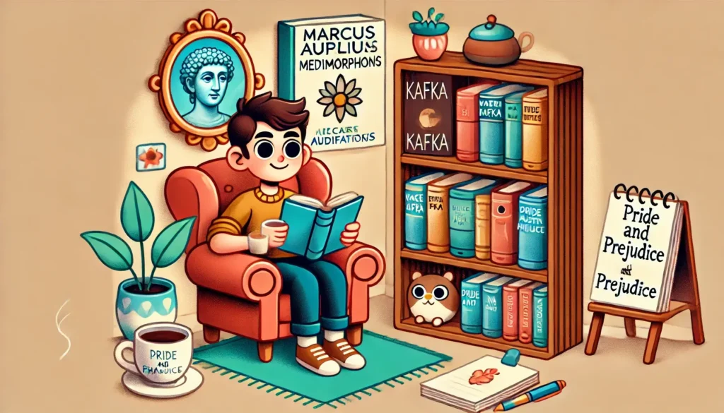 DALL·E 2024 08 31 09.43.05 A cartoon style image showing a scene of personal growth and self reflection through reading classics. A cozy corner with a comfortable chair and a sm