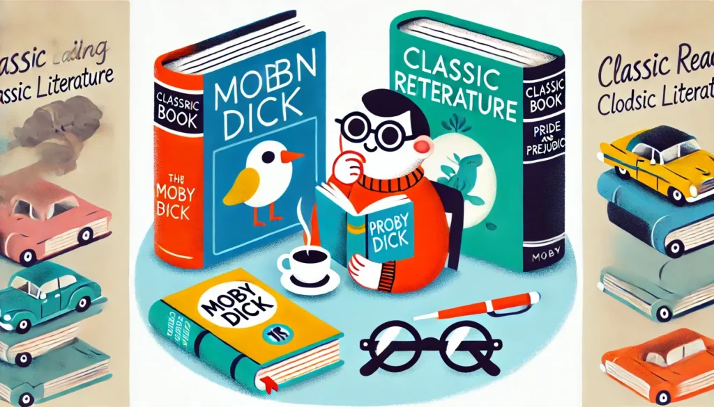 DALL·E 2024 08 31 09.43.06 A cartoon style image depicting the lessons from classic literature in modern reading. A simple design with two books on a table one modern book with