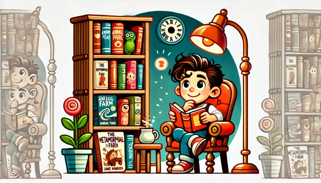 DALL·E 2024 08 31 09.43.07 A cartoon style image representing the beginning of a classic reading journey. A cozy reading nook with a comfortable chair a small bookshelf filled