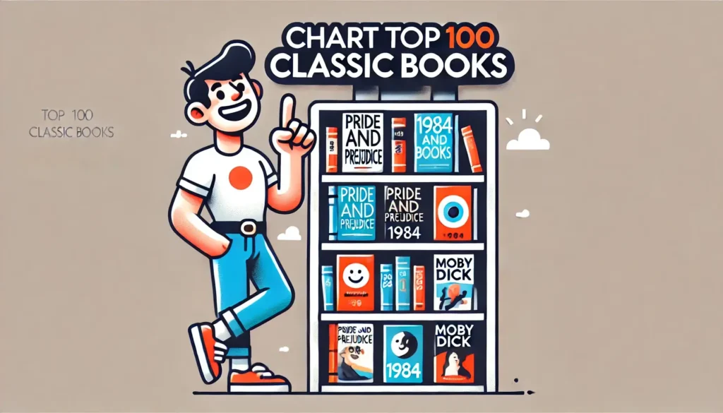 DALL·E 2024 08 31 09.43.09 A cartoon style image with the text CHART TOP 100 CLASSIC BOOKS prominently displayed. The design features a minimalist bookshelf with a few classic 1