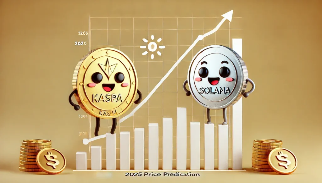 jpeg optimizer DALL·E 2024 09 12 10.04.20 A clean simple and cartoon style image representing the 2025 price prediction comparison between Kaspa and Solana. The image should feature two cart